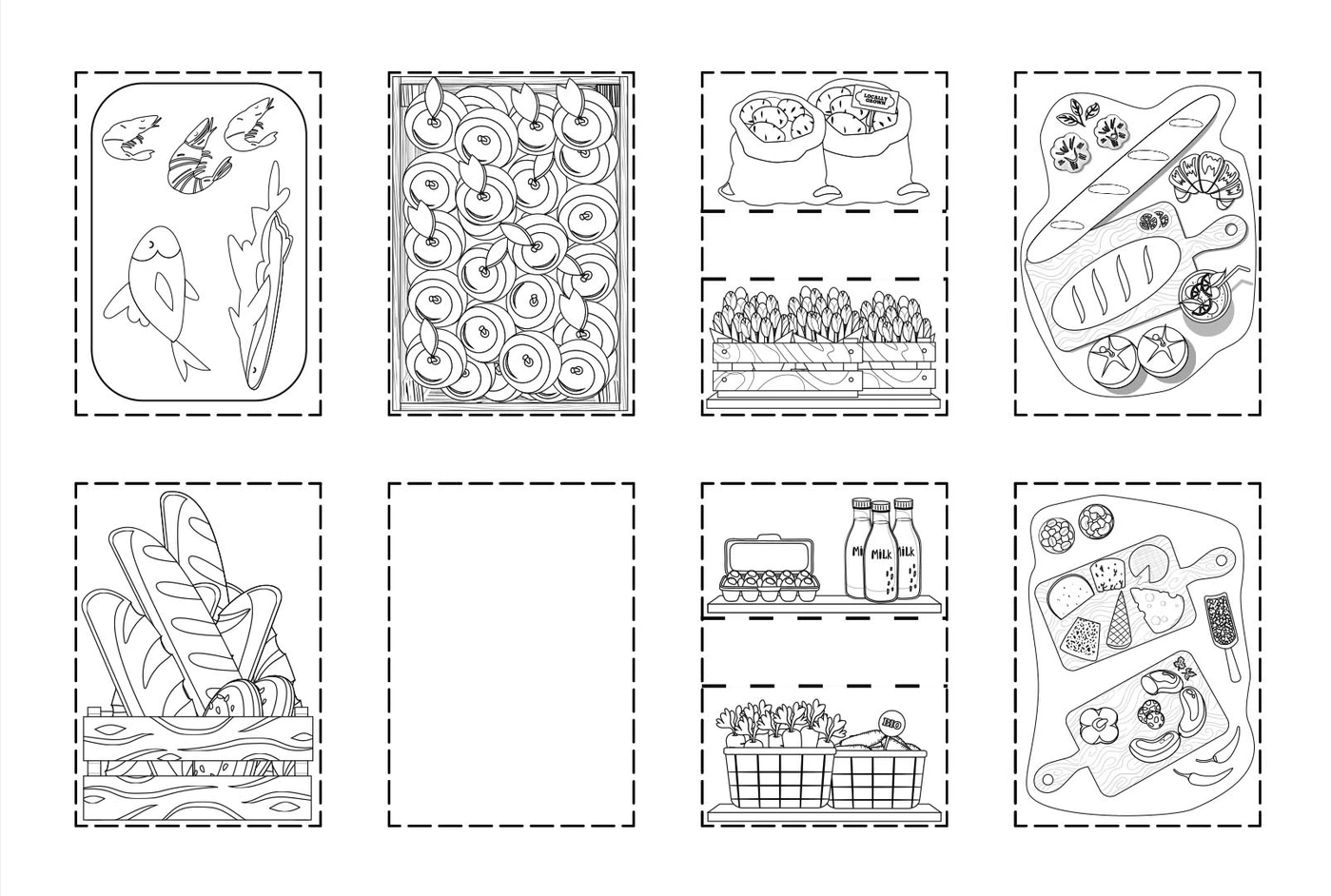 Eine Sammlung von Lebensmitteln, darunter Fisch, Garnelen, Äpfel, Brot, Gemüse, Milch und Käse.