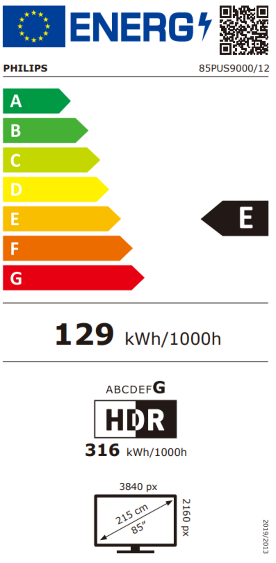 Energieeffizienzlabel Fernseher Philips 85PUS9000/12, Energieklasse E, 129 kWh/1000h