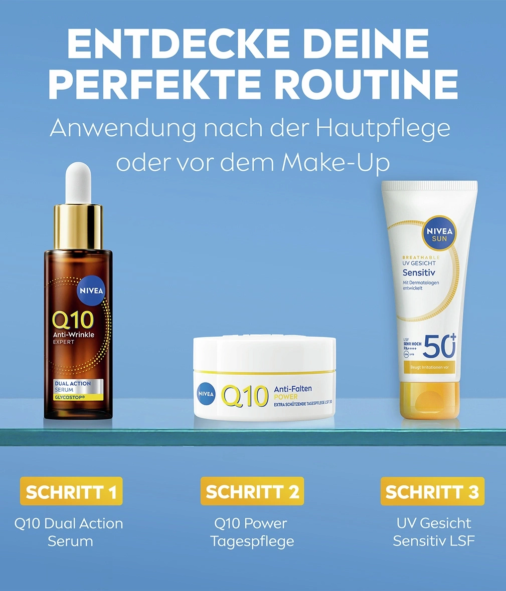 NIVEA Q10 Hautpflege-Routine mit Serum, Tagescreme und Sonnenschutz LSF 50.