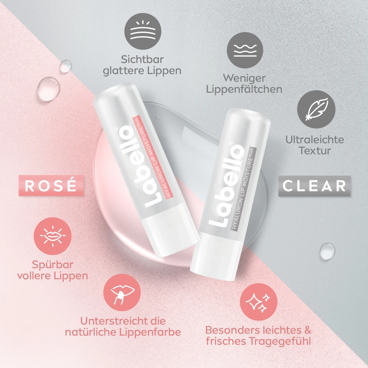 Labello Lippenpflege, Rosé und Clear, mit Vorteilen wie glattere Lippen.