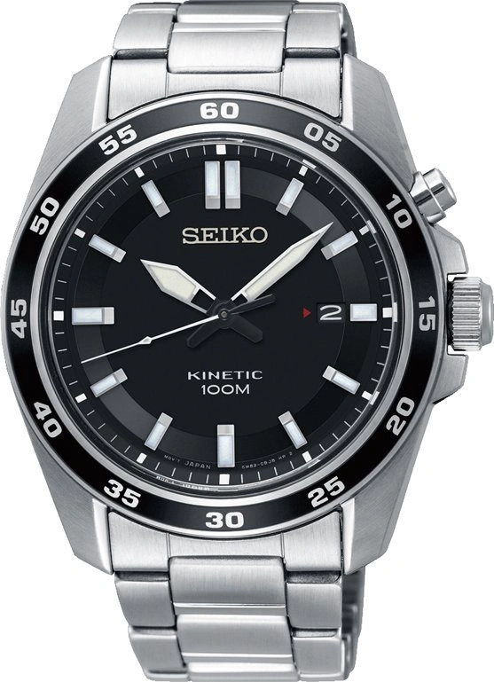 Silbernes Seiko Herrenarmbanduhr mit schwarzem Zifferblatt und Datumsanzeige