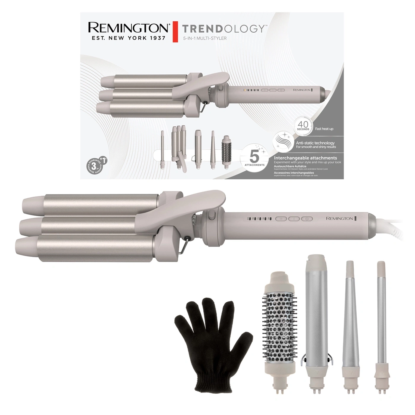 Remington Trendology 5-in-1 Multi-Styler mit verschiedenen Aufsätzen.