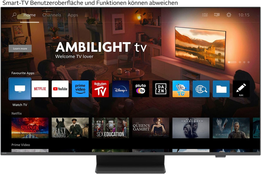 Smart-TV-Oberfläche mit Apps wie Netflix, YouTube und Prime Video. Ambilight-TV-Menü.