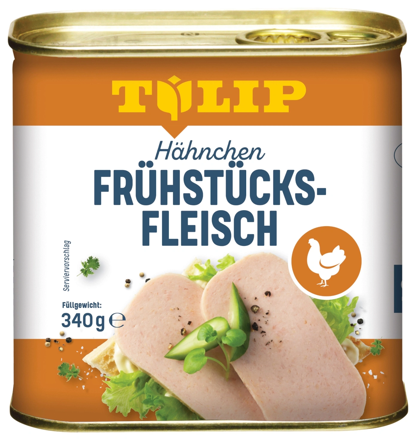 Dosenfleisch mit Hühner-Frühstücksfleisch Aufschrift und Huhn-Symbol.
