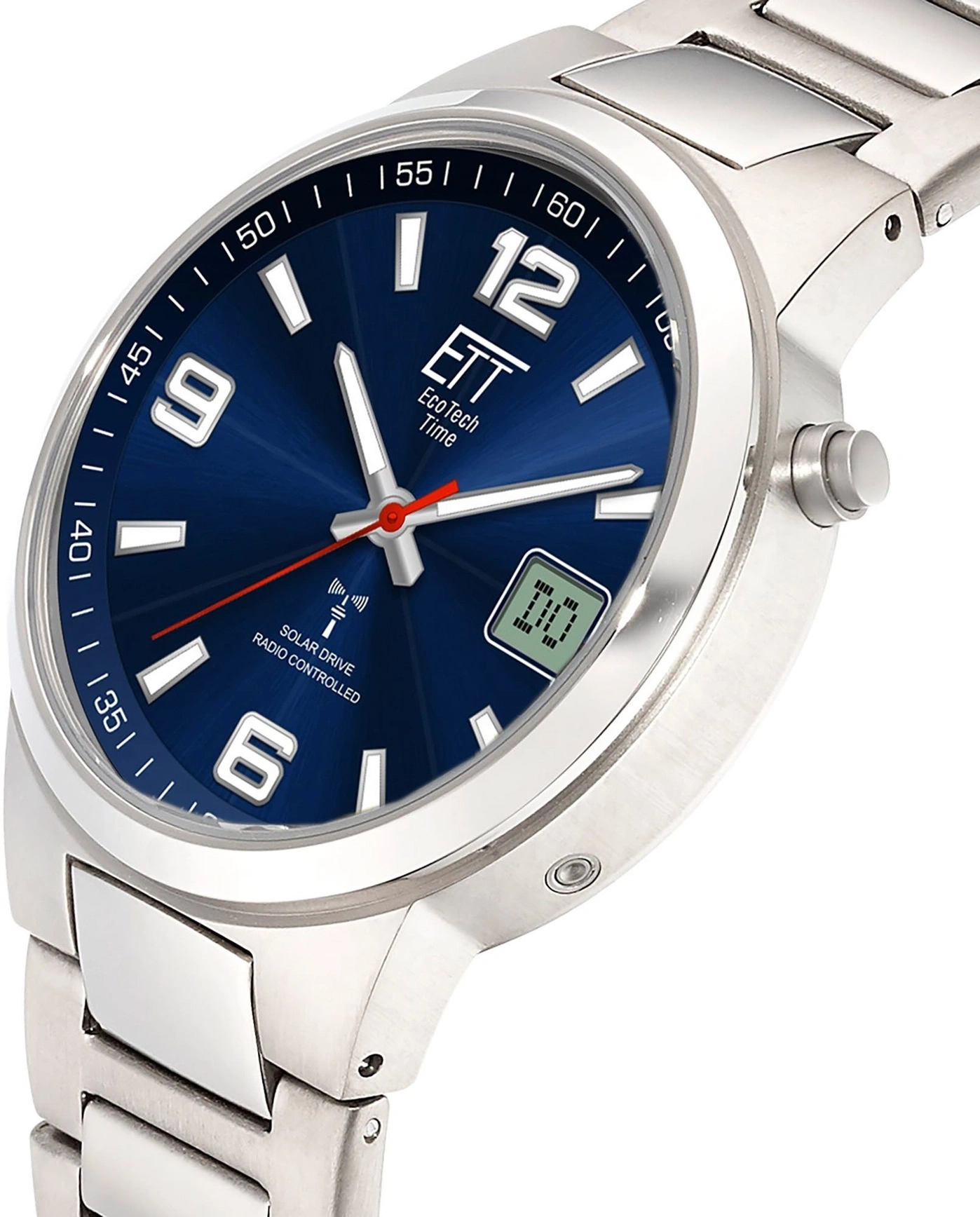 Eine Nahaufnahme einer silbernen Armbanduhr mit blauem Zifferblatt und silbernen Zeigern