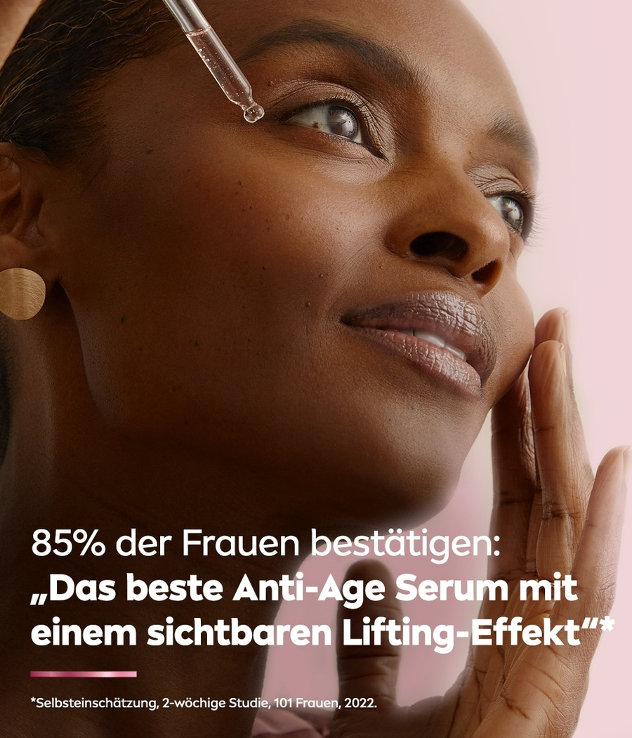 Frau mit Serum, Text: Anti-Age Serum mit Lifting-Effekt, 85% bestätigen