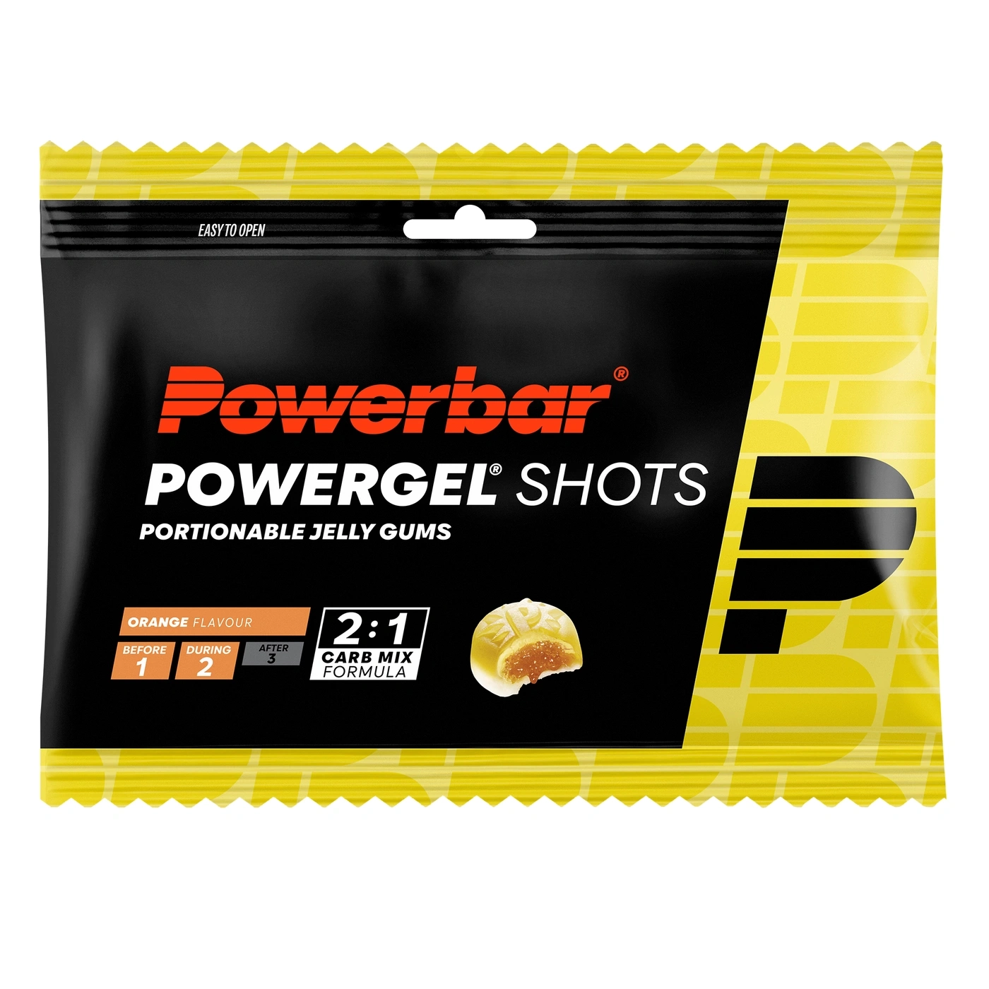 Schwarze Verpackung mit gelbem Rand, zeigt Powerbar Powergel Shots Orange Geschmack, 2:1 Kohlenhydratmischungsformel, und ein Gummibärchen.