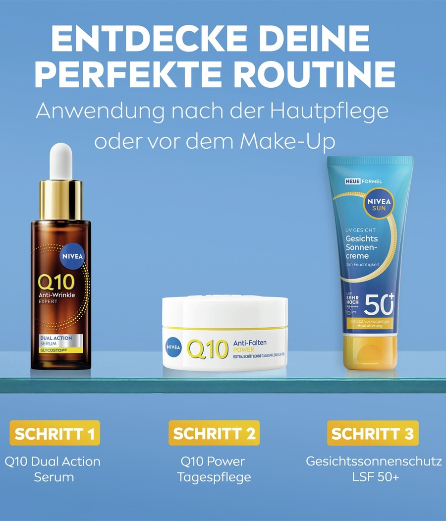 NIVEA Q10 Pflege Routine mit Serum, Tagespflege und Sonnenschutz.