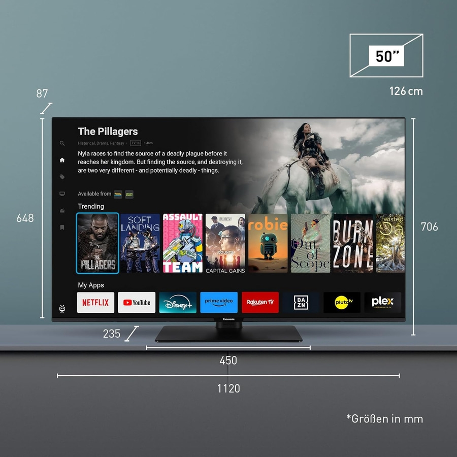 Fernseher mit Maßen, Apps und dem Film 'The Pillagers' auf dem Bildschirm.