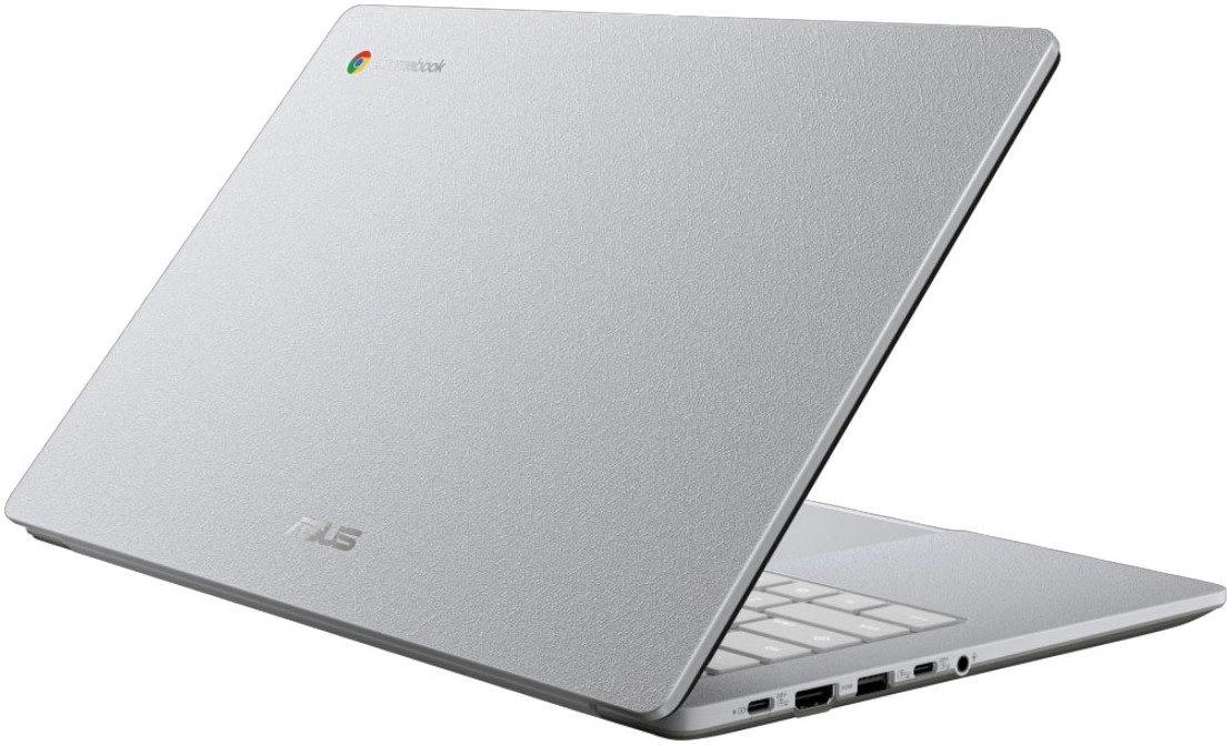 Silberner Asus Chromebook mit USB-C- und HDMI-Anschlüssen
