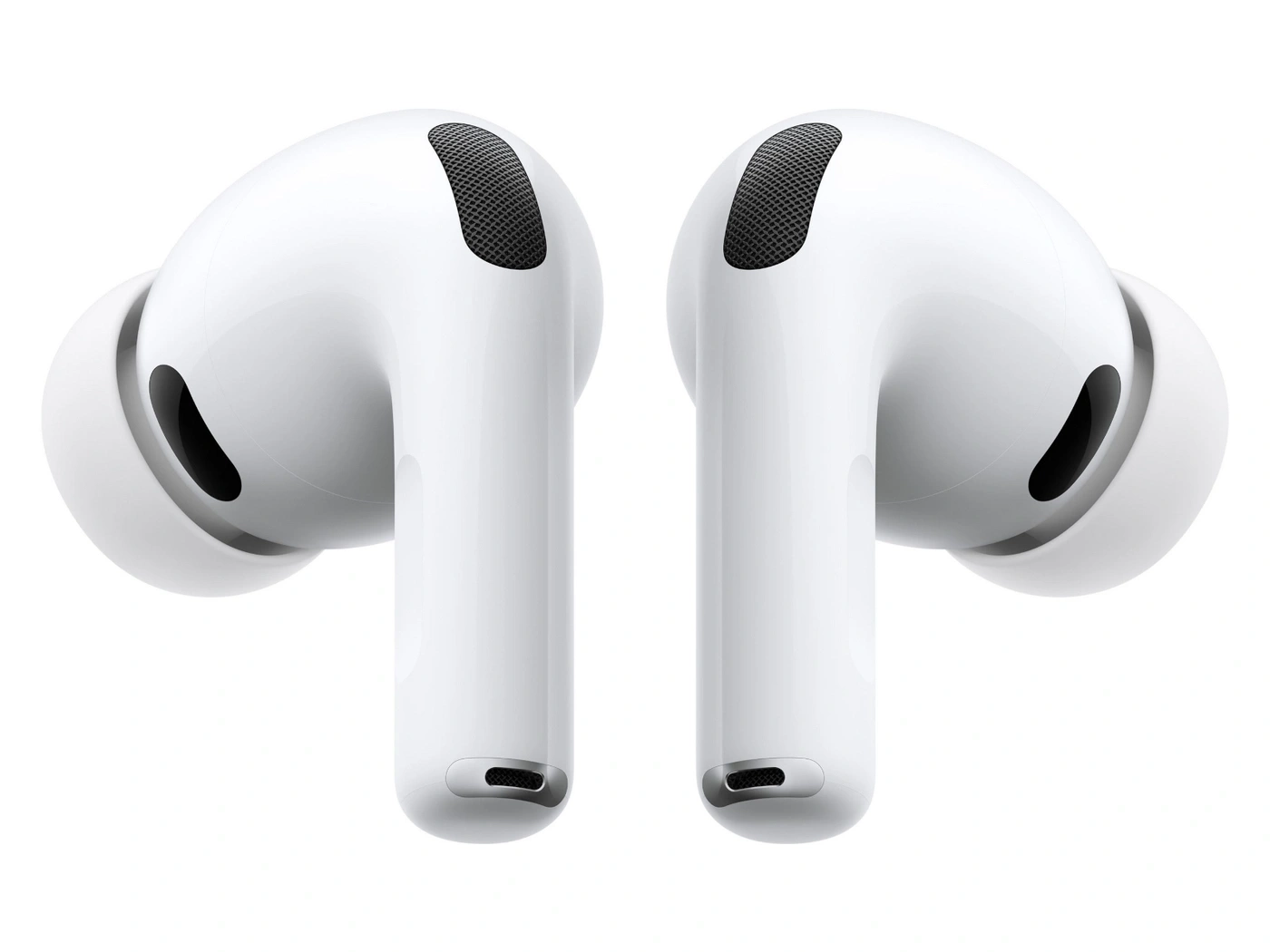 Zwei weiße Apple AirPods Pro mit schwarzem Gitter und Ohrstöpseln