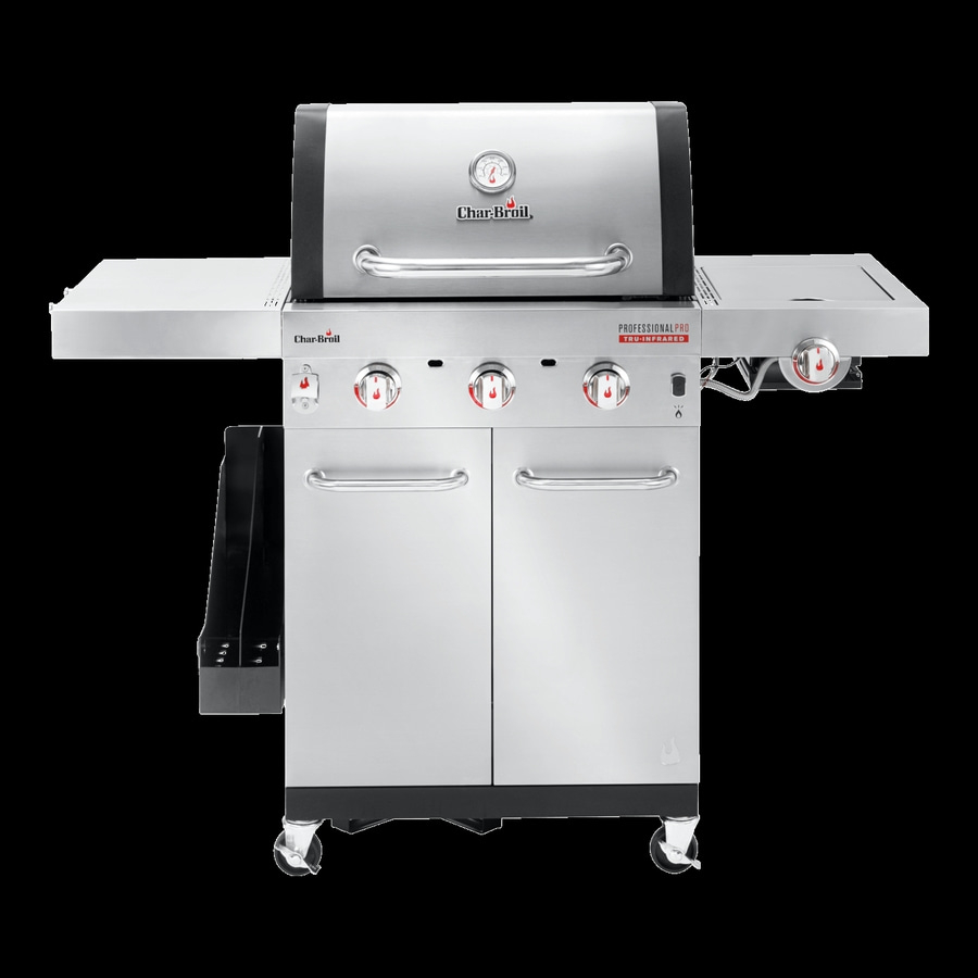 Edelstahl-Gasgrill mit drei Brennern, Thermometer und Seitenablagen