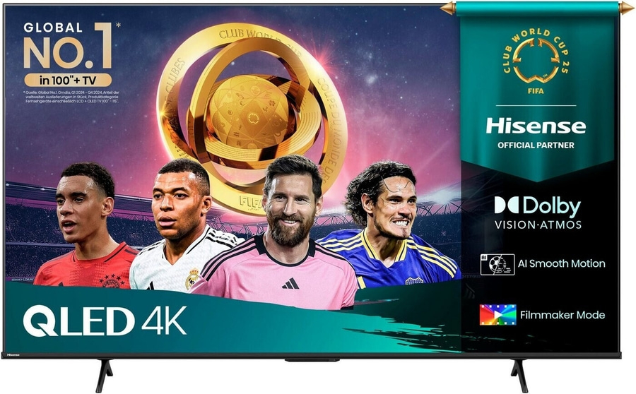 Hisense QLED 4K Fernseher mit Fußballspielern, Dolby Vision und Filmmaker Mode.
