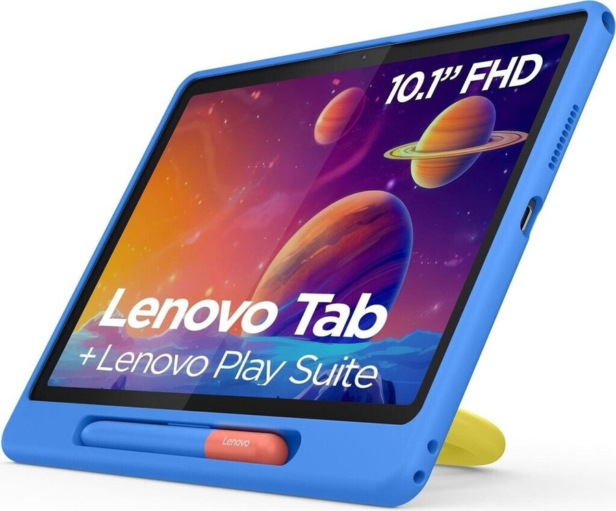 Ein blaues Lenovo Tab mit Stift und Ständer