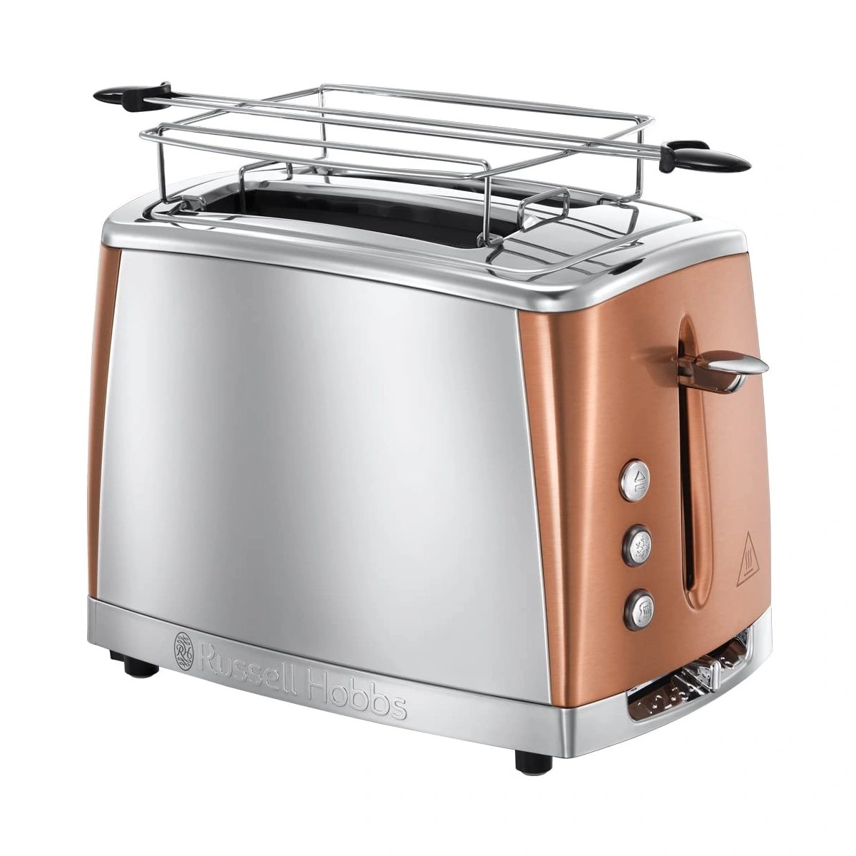Toaster mit silberner und kupferfarbener Oberfläche, mit Brötchenaufsatz und Knöpfen