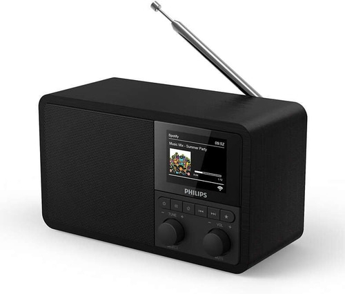 Schwarzes Radio mit Bildschirm, Spotify-Anzeige und Antenne. Philips-Logo.