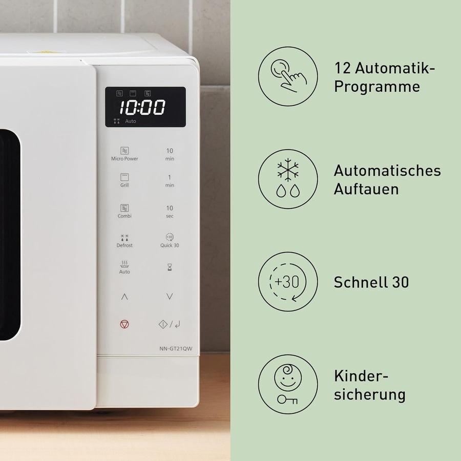 Mikrowelle mit Funktionen wie Automatikprogramme, Auftauen, Schnell 30 und Kindersicherung.