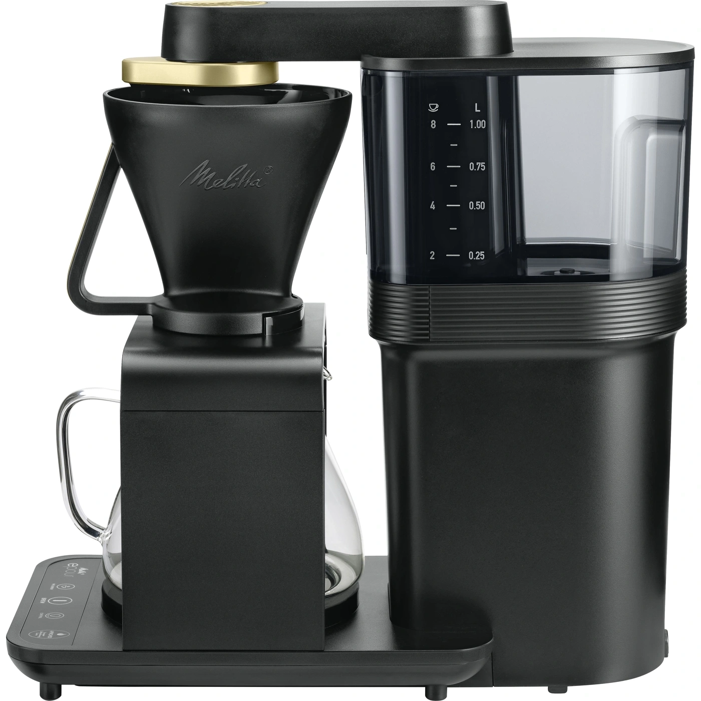 Schwarze Kaffeemaschine mit goldenen Akzenten und transparentem Wassertank, modern