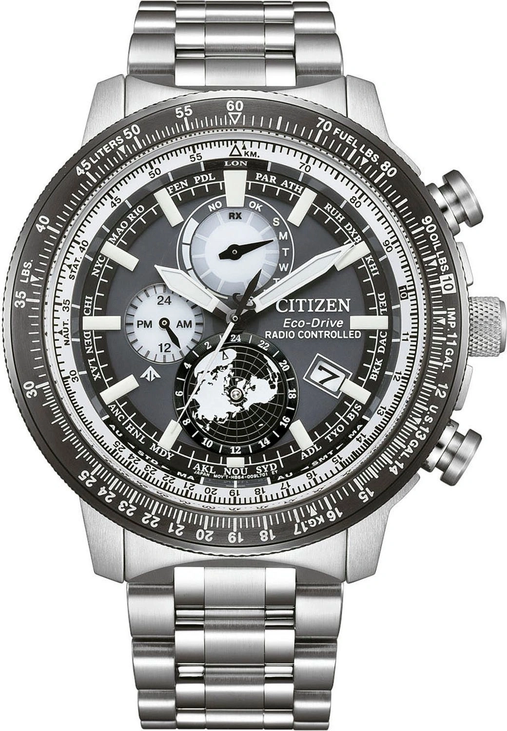 Ein silbernes Citizen Eco-Drive Funk-Armbanduhr mit Weltkarte-Anzeige.