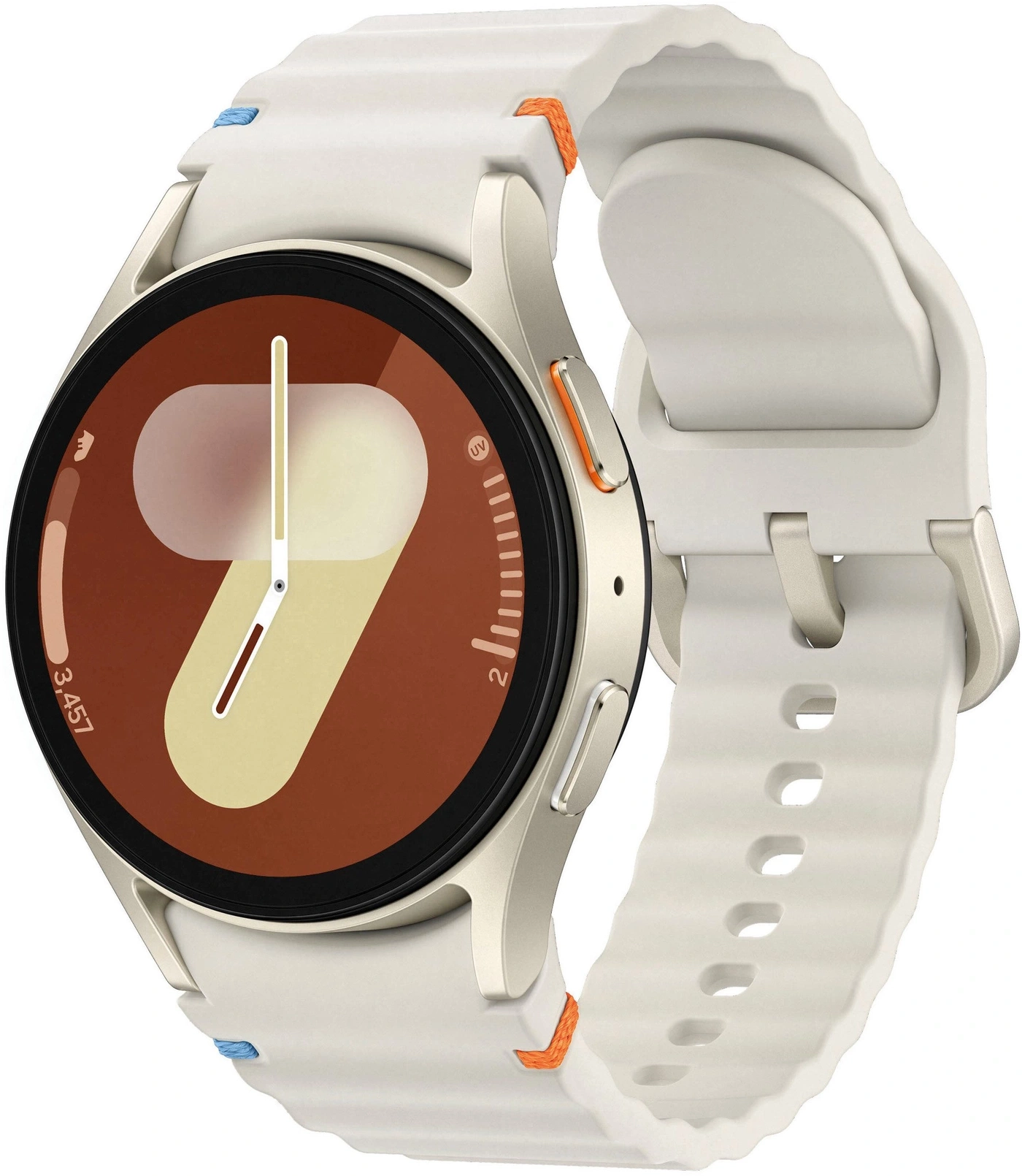 Eine Smartwatch mit einem beigefarbenen Armband und einem braunen Zifferblatt mit einer Uhrzeit von 9:05