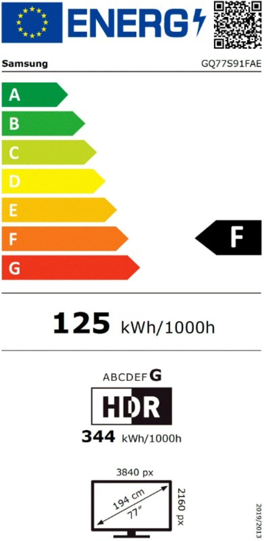 Energieeffizienzlabel mit Samsung TV, Energieverbrauch 125 kWh/1000h, HDR