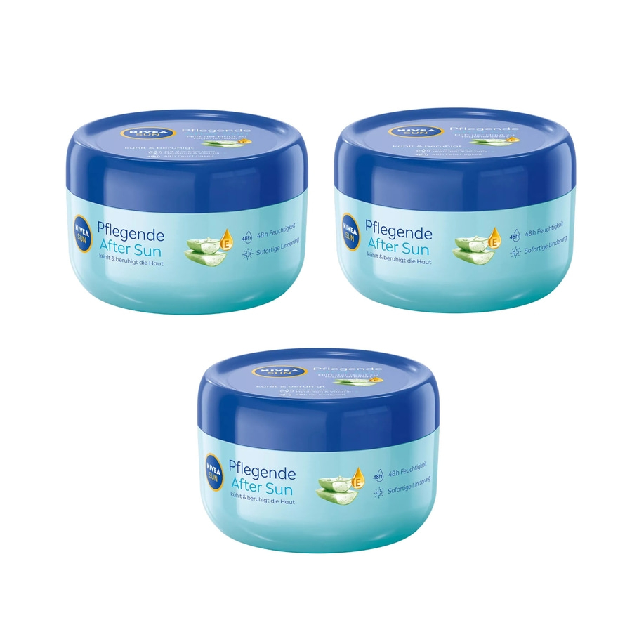 Drei blaue Nivea After Sun Cremes, die Haut kühlen und beruhigen.