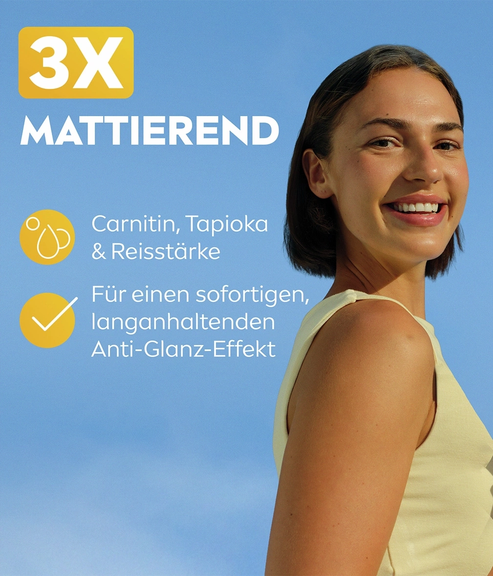 3X Mattierend mit Carnitin, Tapioka & Reisstärke für sofortigen Anti-Glanz-Effekt
