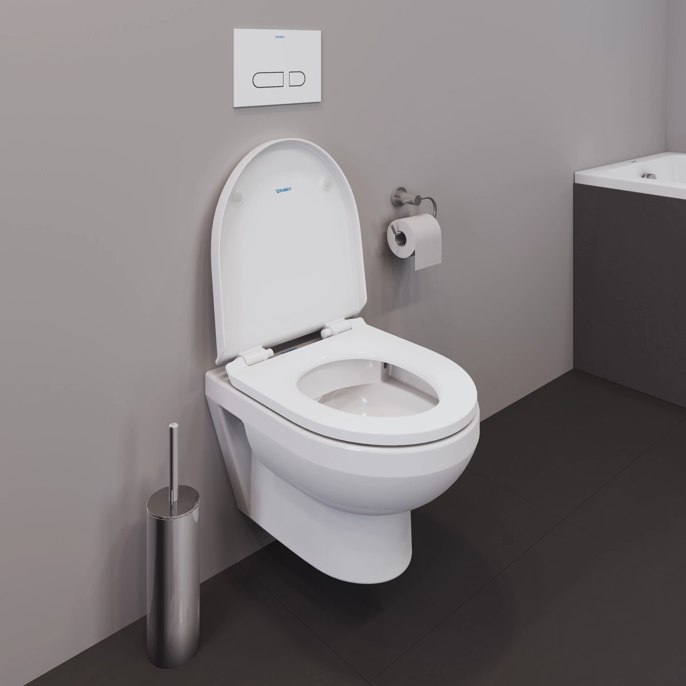 Ein modernes Badezimmer mit einer weißen Toilette, einer Spülkasten-Bedienplatte und einem Toilettenpapierhalter.