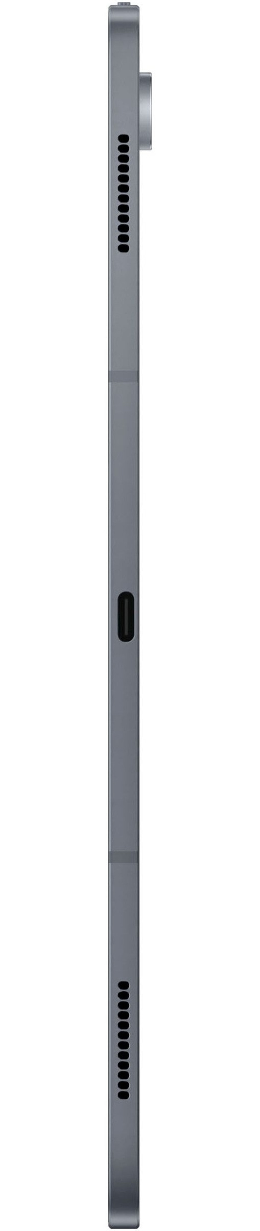 Graues Tablet-Seitenansicht mit Lautsprecheröffnungen und einem Knopf.