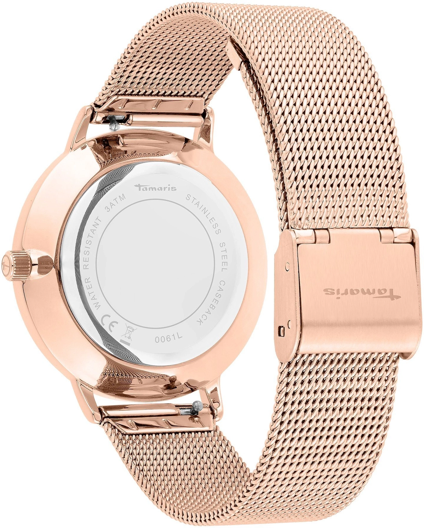Die Rückseite einer schicken Roségold-Damenuhr mit Armband aus Edelstahlgeflecht