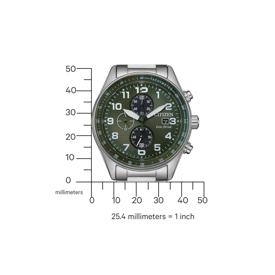 Citizen-Uhr mit grünem Zifferblatt und Tachymeter-Funktion, Edelstahlarmband.