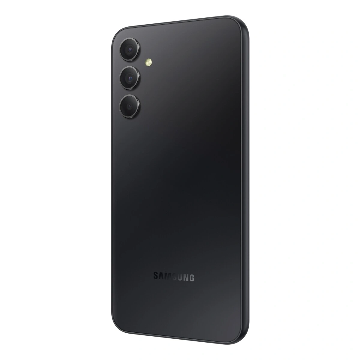 Schwarzes Samsung Smartphone mit drei Kameras und Logo.