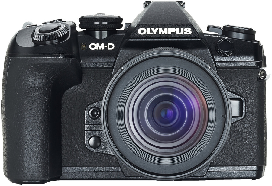 Schwarze Olympus OM-D Kamera mit Objektiv und Logo, Nahaufnahme