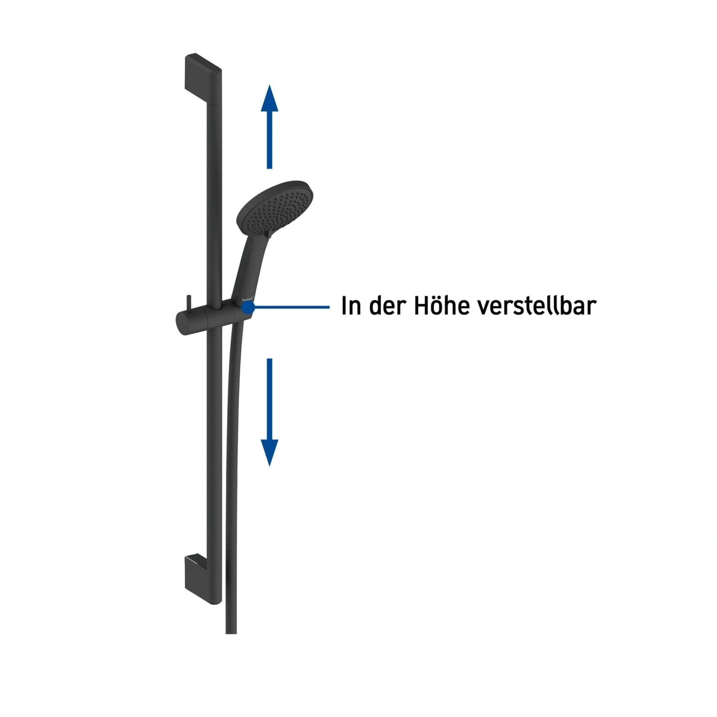 Duschstange mit verstellbarer Höhe, Pfeile zeigen die Richtung an.