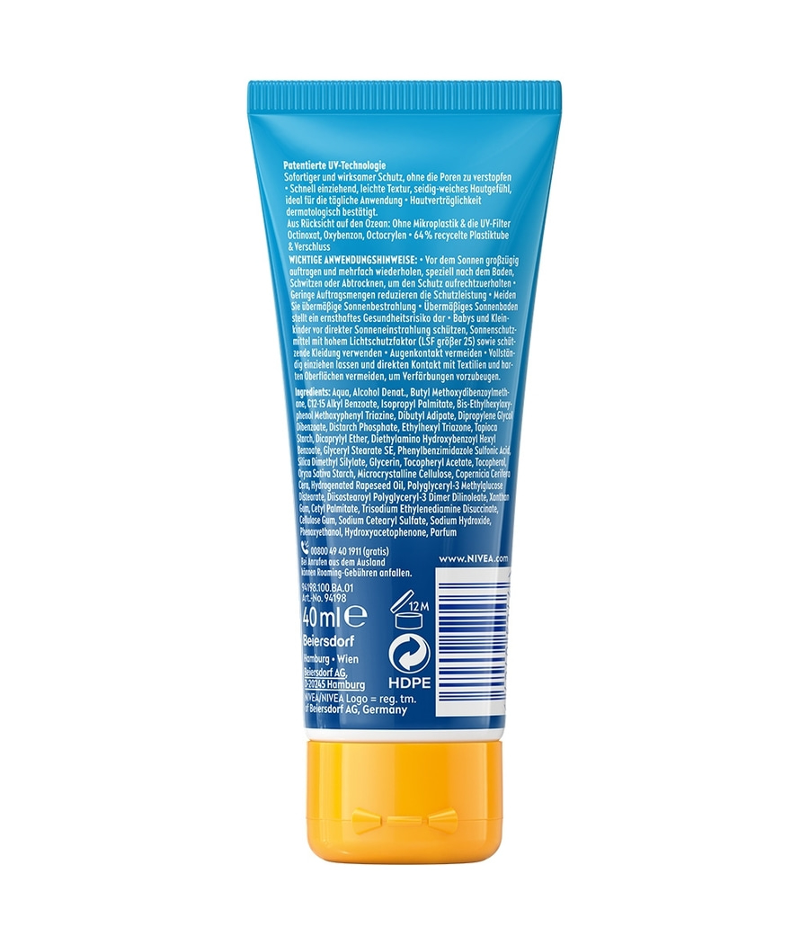 Die Rückseite einer Nivea Sonnencreme mit Informationen zur Anwendung und Inhaltsstoffen.