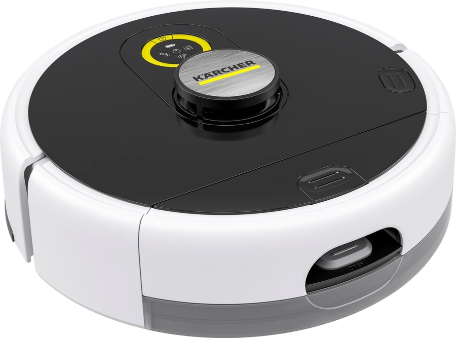 Kärcher Roboter Staubsauger, weiß und schwarz, rund, mit Bedienfeld und Logo