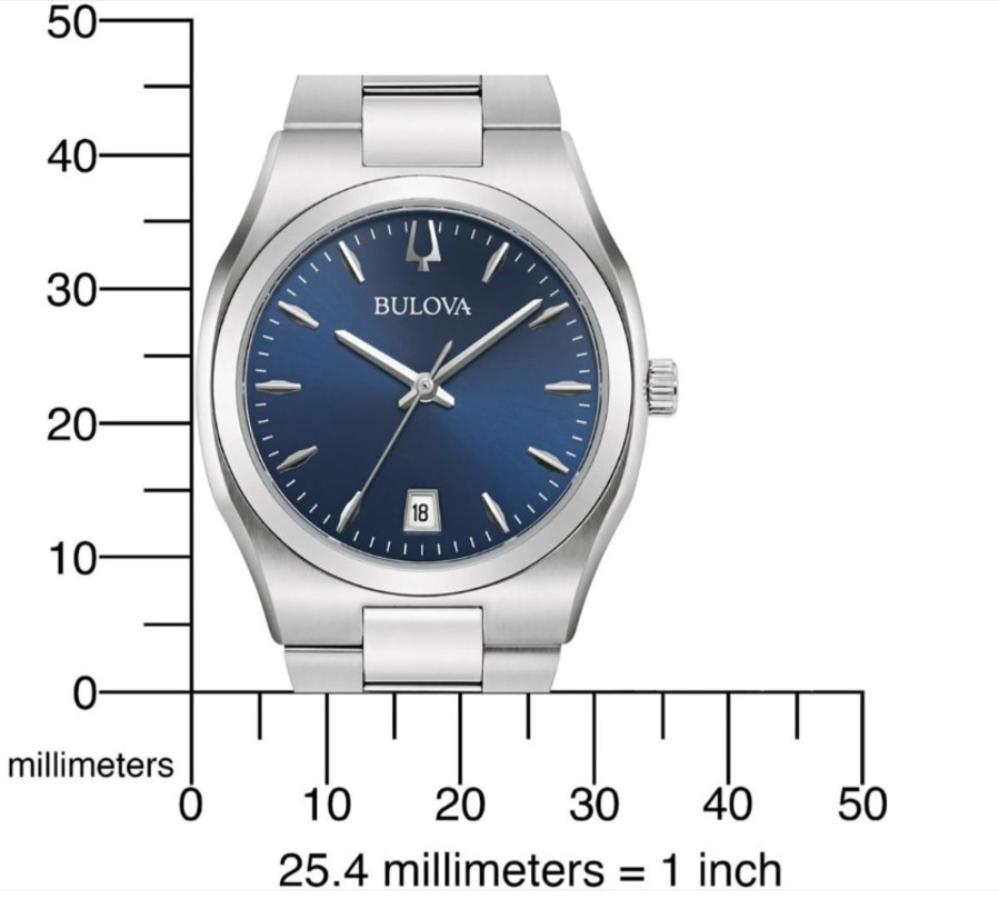 Bulova-Uhr mit blauem Zifferblatt und Datumsanzeige, silbernes Armband, Millimeter-Skala.