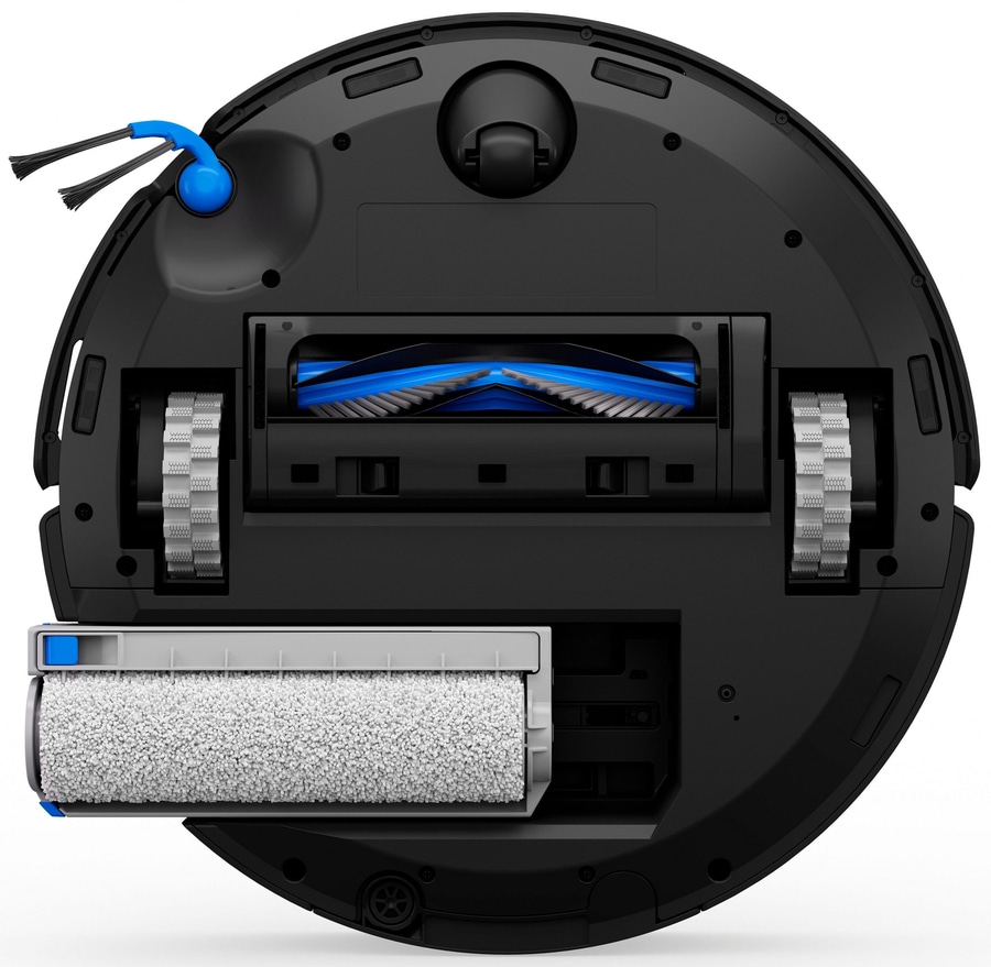 Roboter-Staubsauger von unten. Schwarzes Gehäuse, Bürsten, Räder, Walze, blaues Detail. Technologie.
