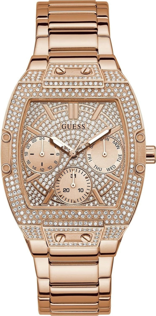 Rosegoldene Guess-Uhr mit Strasssteinen, Zifferblatt, Datumsanzeige und Wochentagsanzeige, elegantes Design.
