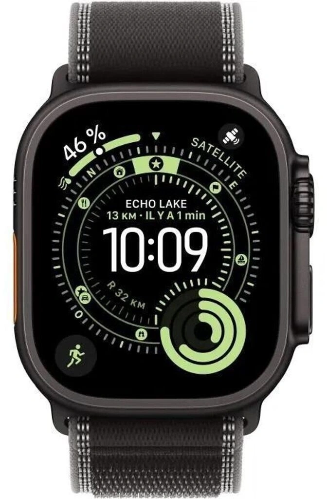 Eine digitale Smartwatch mit schwarzem Band und einem beleuchteten Zifferblatt.