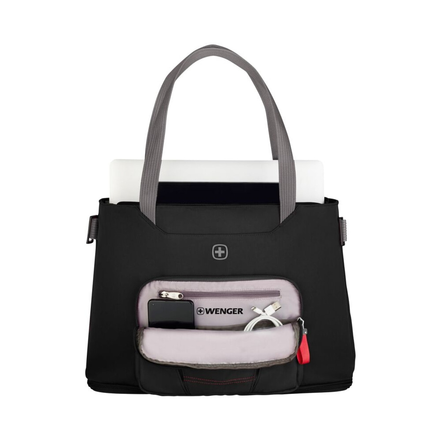Schwarze Wenger-Tasche mit Laptop, Handy und Kabeln, mit grauem Griff