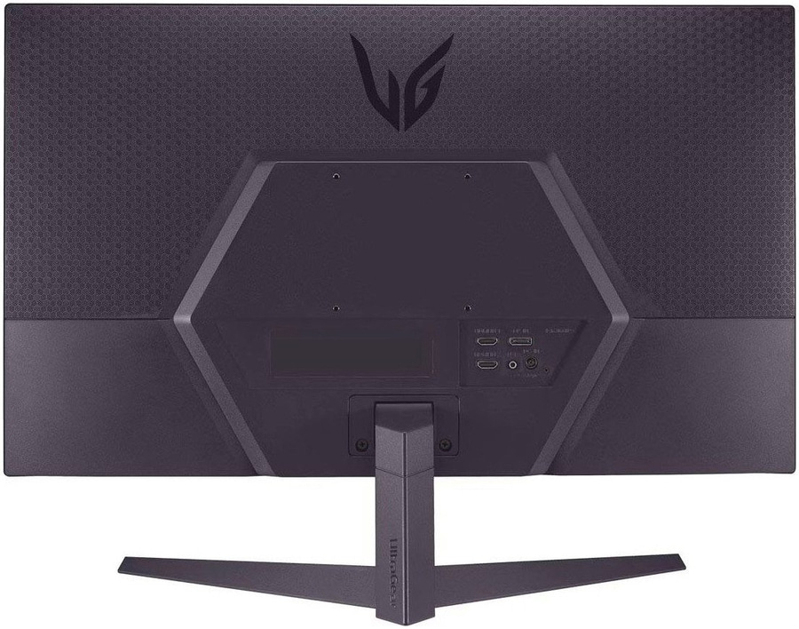 Rückseite eines schwarzen LG UltraGear Gaming-Monitors mit Anschlüssen.