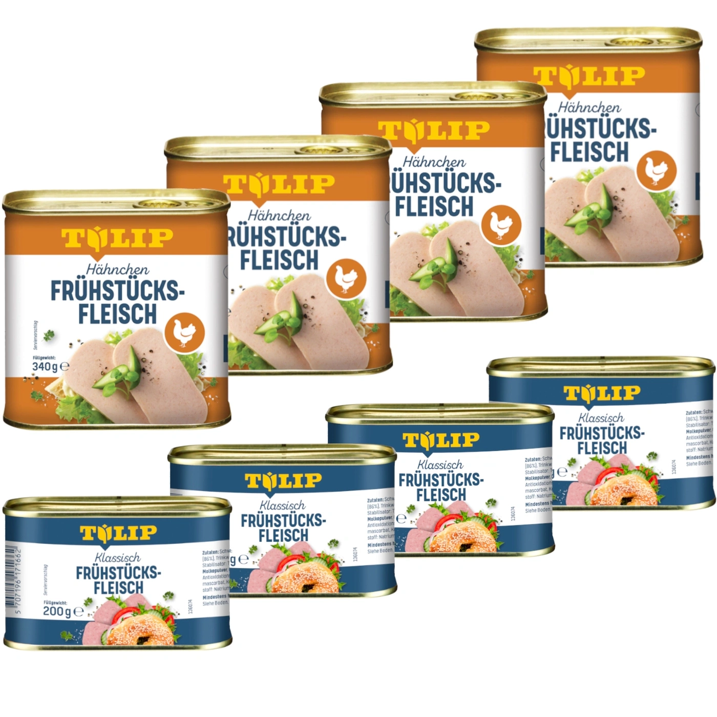 Dosen mit Hähnchen- und klassischem Frühstücksfleisch von Tulip.