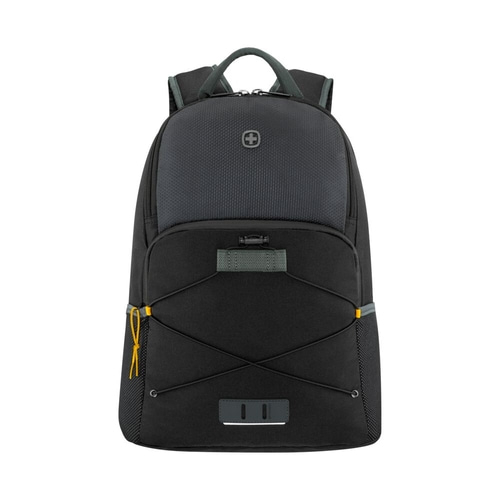 Schwarzer Rucksack mit gelben Akzenten und Logo, ideal für den Alltag.