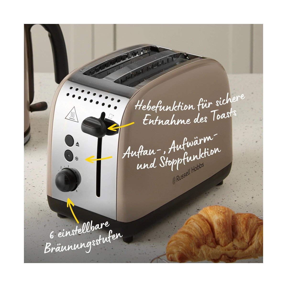 Ein brauner Russell Hobbs Toaster mit Beschriftungen für seine Funktionen.