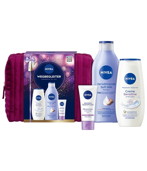 NIVEA Wegbegleiter Geschenkset Pflegedusche Soft Milk Tagespflege Kulturtasche