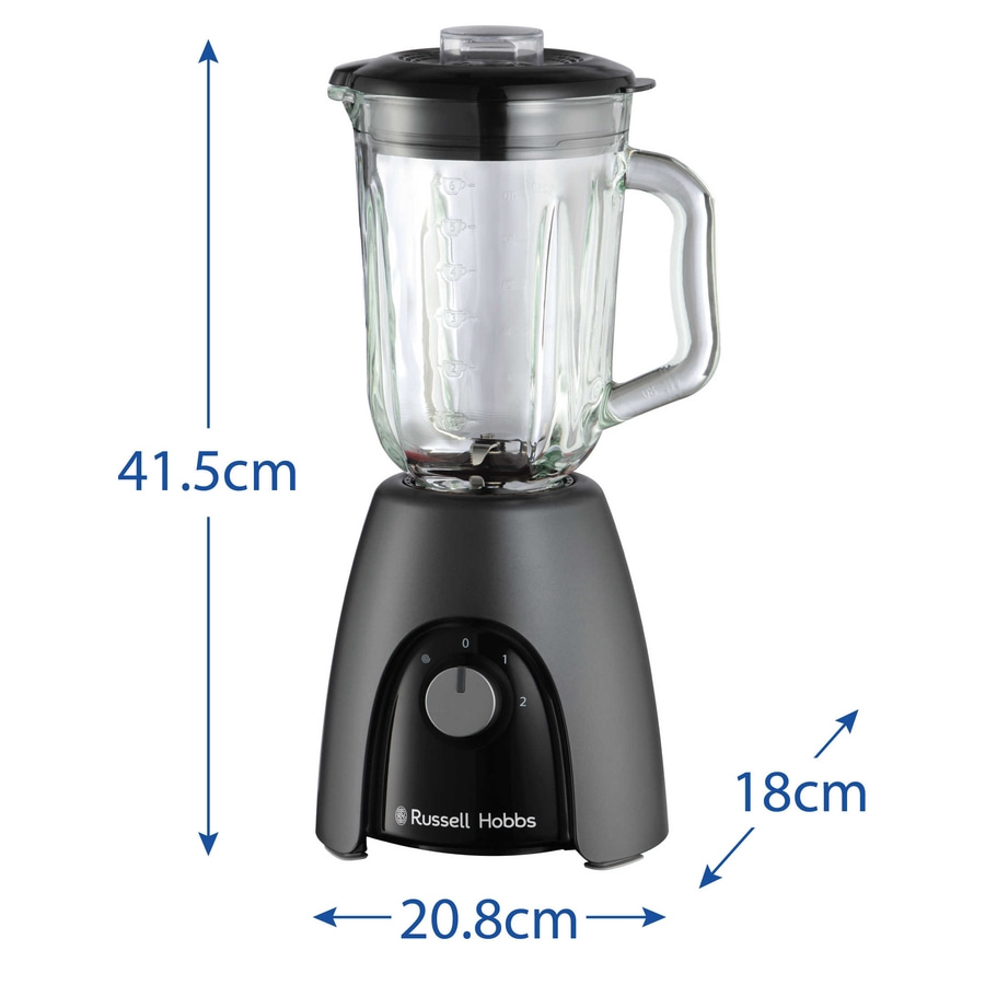 Schwarzer Mixer mit Glasbehälter, 41,5 cm hoch, 18 cm breit, 20,8 cm tief, Russell Hobbs.