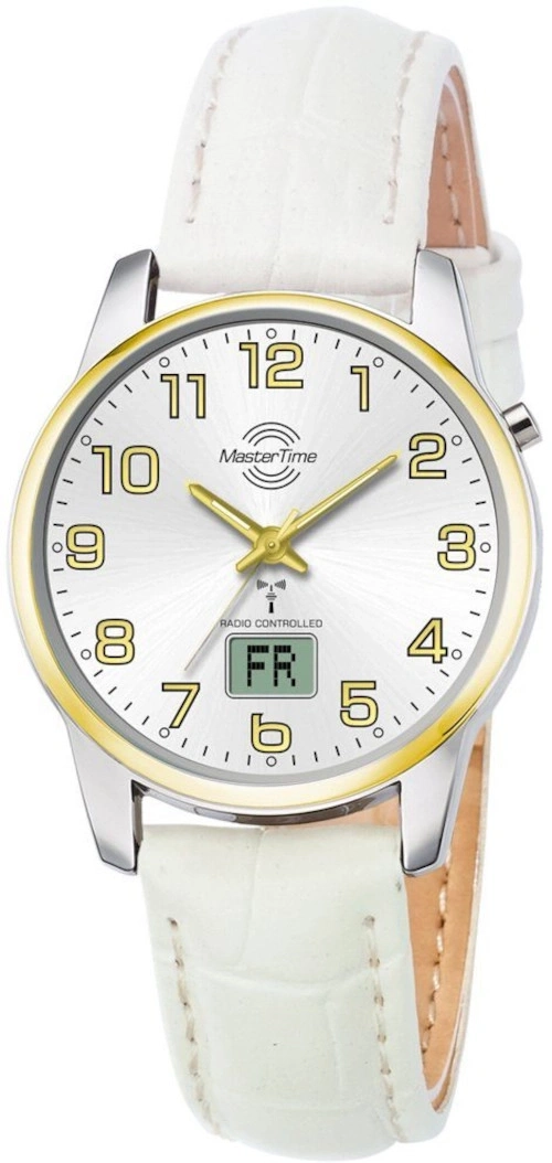 Eine weiße Armbanduhr mit goldfarbenem Rand und Zifferblatt.