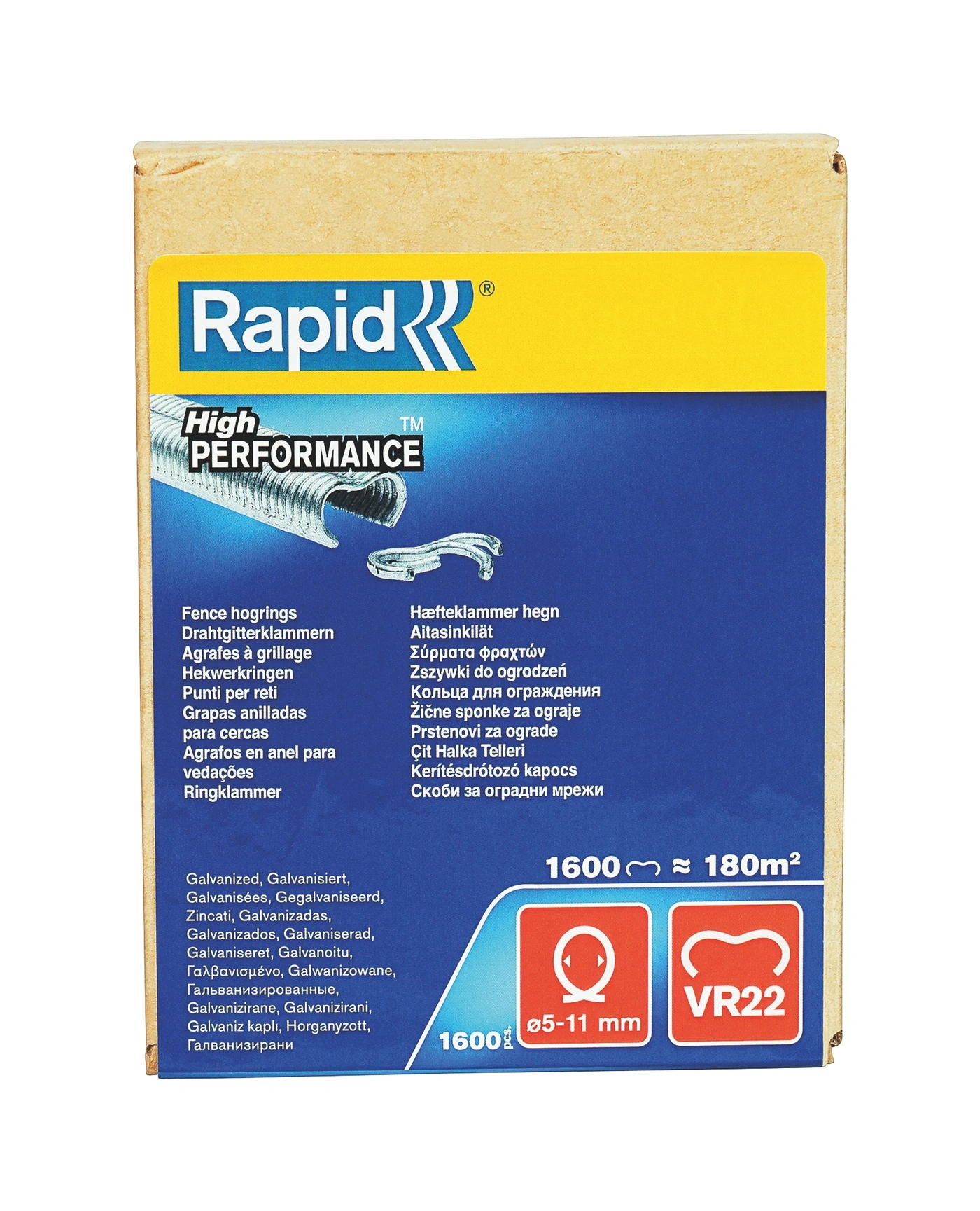 Verpackung für Drahtklammern mit der Aufschrift Rapid High Performance und verschiedenen Sprachen