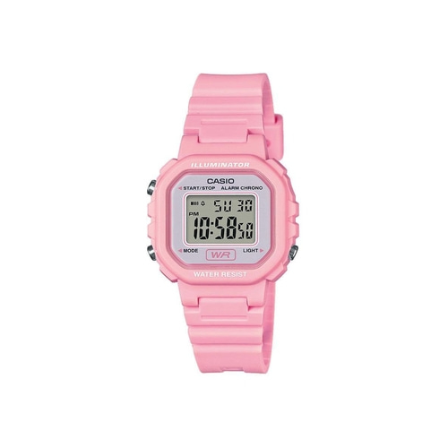 Rosa Casio Uhr mit digitaler Anzeige, Wasserdicht und Beleuchtung.